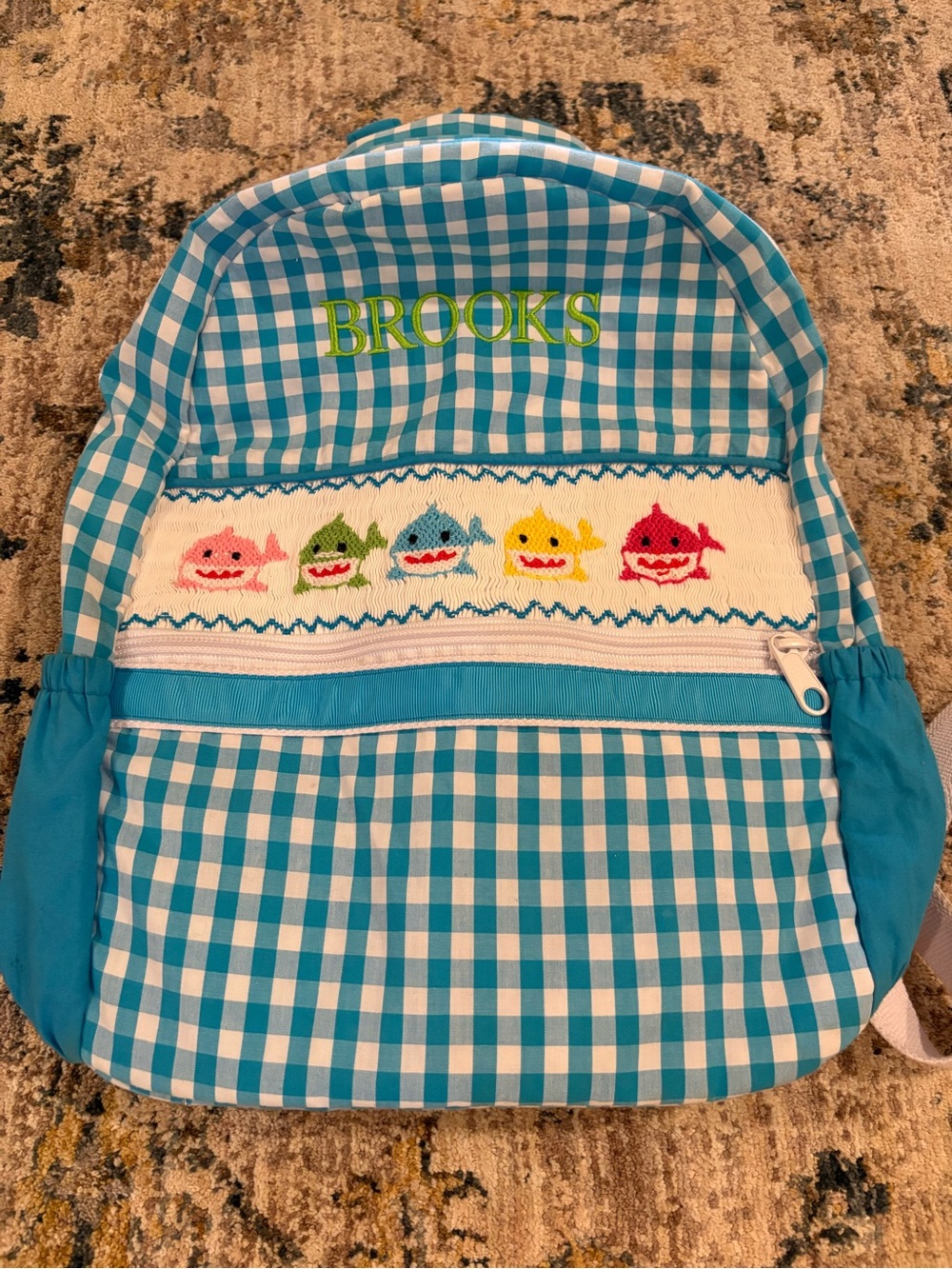 Children’s Smocked Baby Shark Embroidered “Brooks” Back Pack Blue Gingham